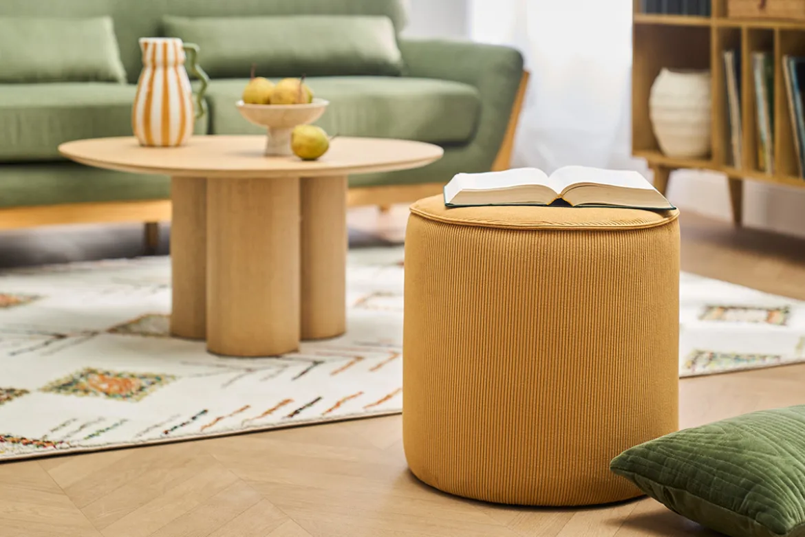 Pouf rond en tissu velours côtelé jaune curry D40 cm PAUL