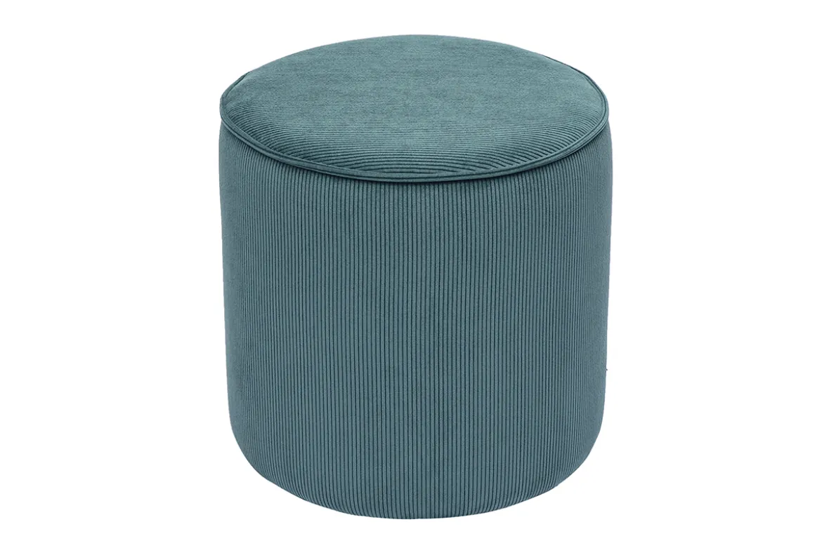 Pouf rond en tissu velours côtelé bleu canard D40 cm PAUL