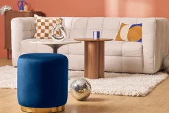 Pouf rond en velours bleu marine et métal doré D40 cm AMAYA