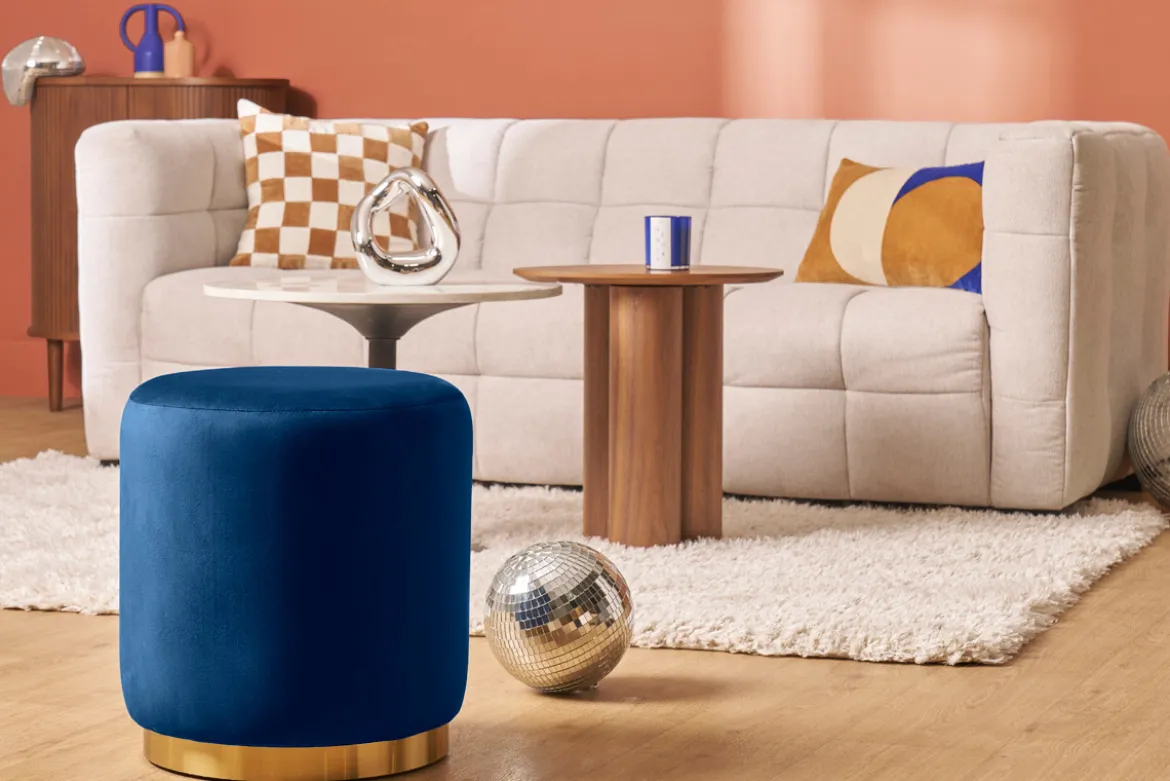 Pouf rond en velours bleu marine et métal doré D40 cm AMAYA
