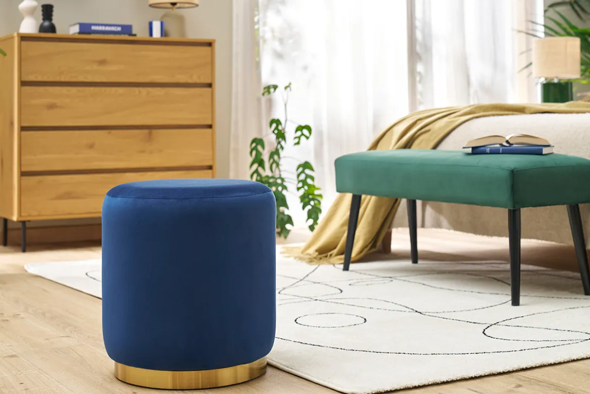 Pouf rond en velours bleu marine et métal doré D40 cm AMAYA