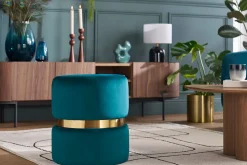 Pouf rond en velours bleu pétrole et métal doré D40 cm JOY