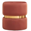Pouf rond en velours bleu rouge tomette et métal doré D40 cm JOY