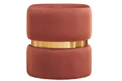 Pouf rond en velours bleu rouge tomette et métal doré D40 cm JOY