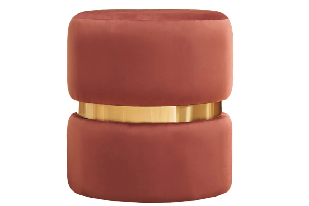 Pouf rond en velours bleu rouge tomette et métal doré D40 cm JOY