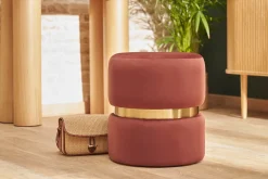 Pouf rond en velours bleu rouge tomette et métal doré D40 cm JOY