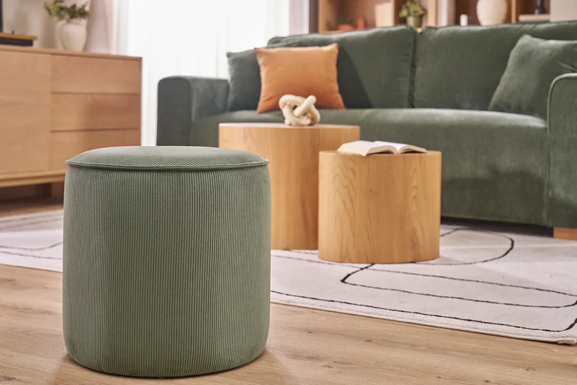Pouf rond en velours côtelé vert kaki D40 cm PAUL