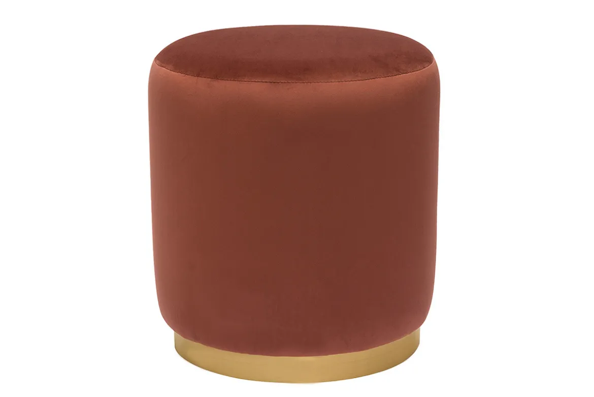 Pouf rond en velours rouge tomette et métal doré D40 cm AMAYA