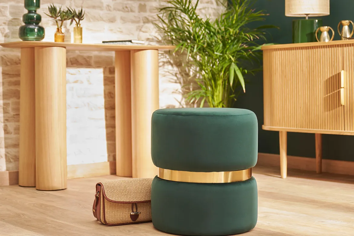 Pouf rond en velours vert foncé et métal doré D40 cm JOY