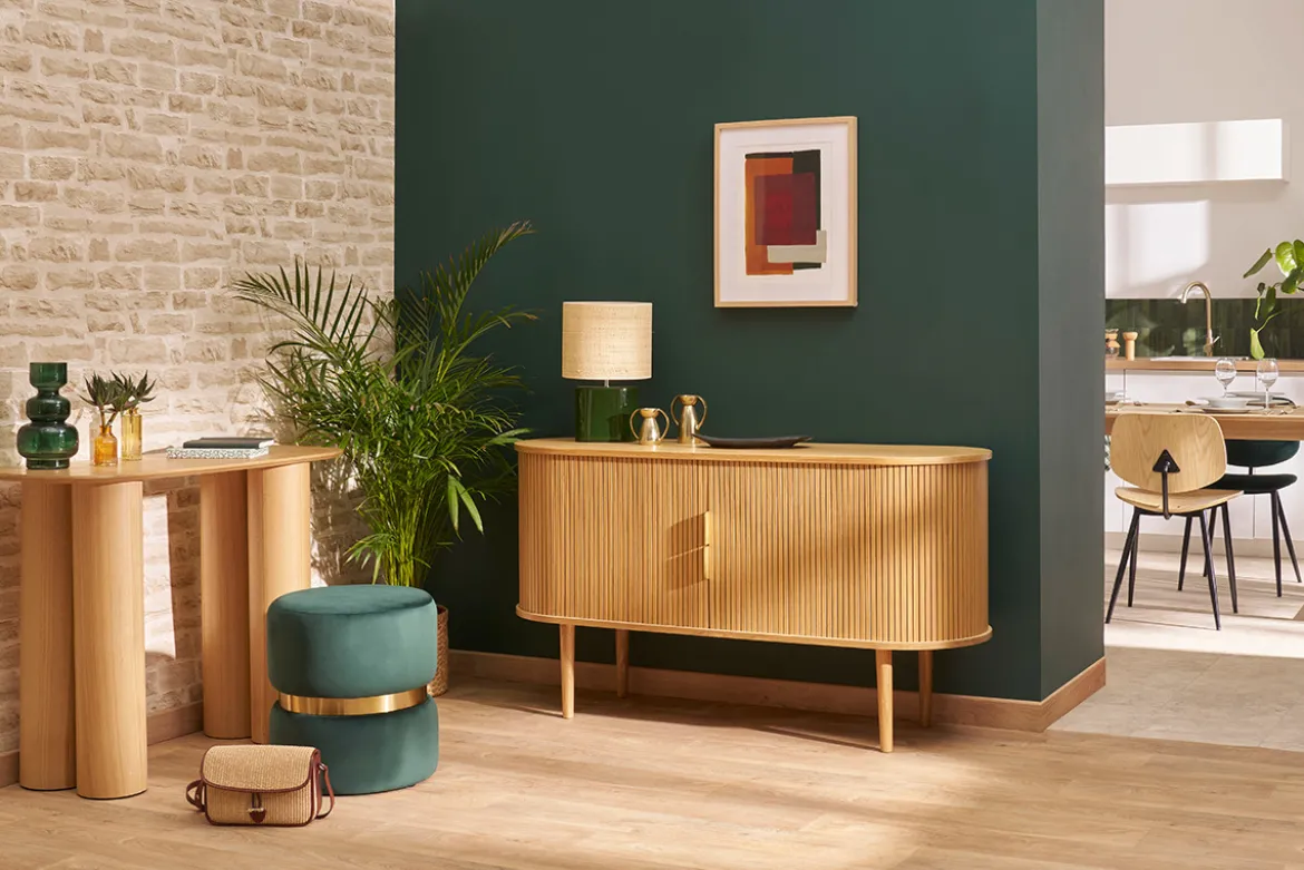 Pouf rond en velours vert foncé et métal doré D40 cm JOY