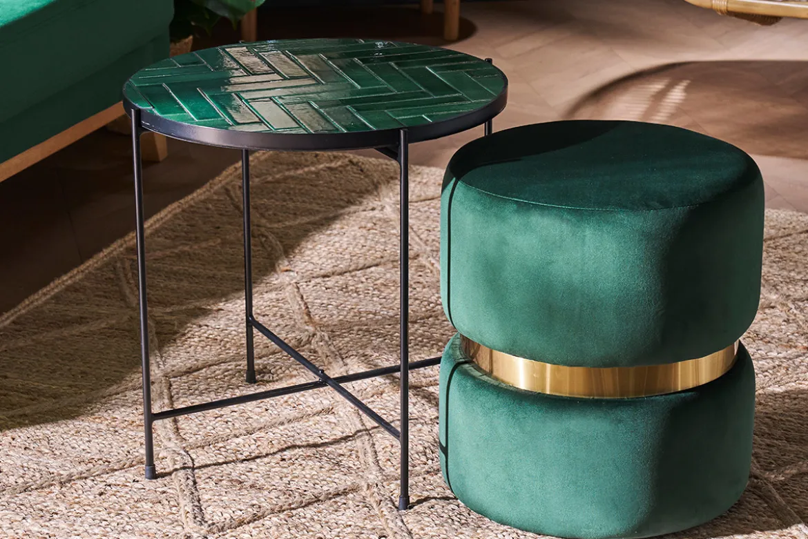 Pouf rond en velours vert foncé et métal doré D40 cm JOY