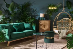 Pouf rond en velours vert foncé et métal doré D40 cm JOY