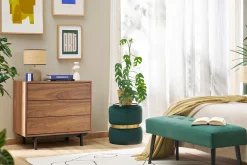 Pouf rond en velours vert foncé et métal doré D40 cm JOY