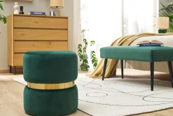 Pouf rond en velours vert foncé et métal doré D40 cm JOY