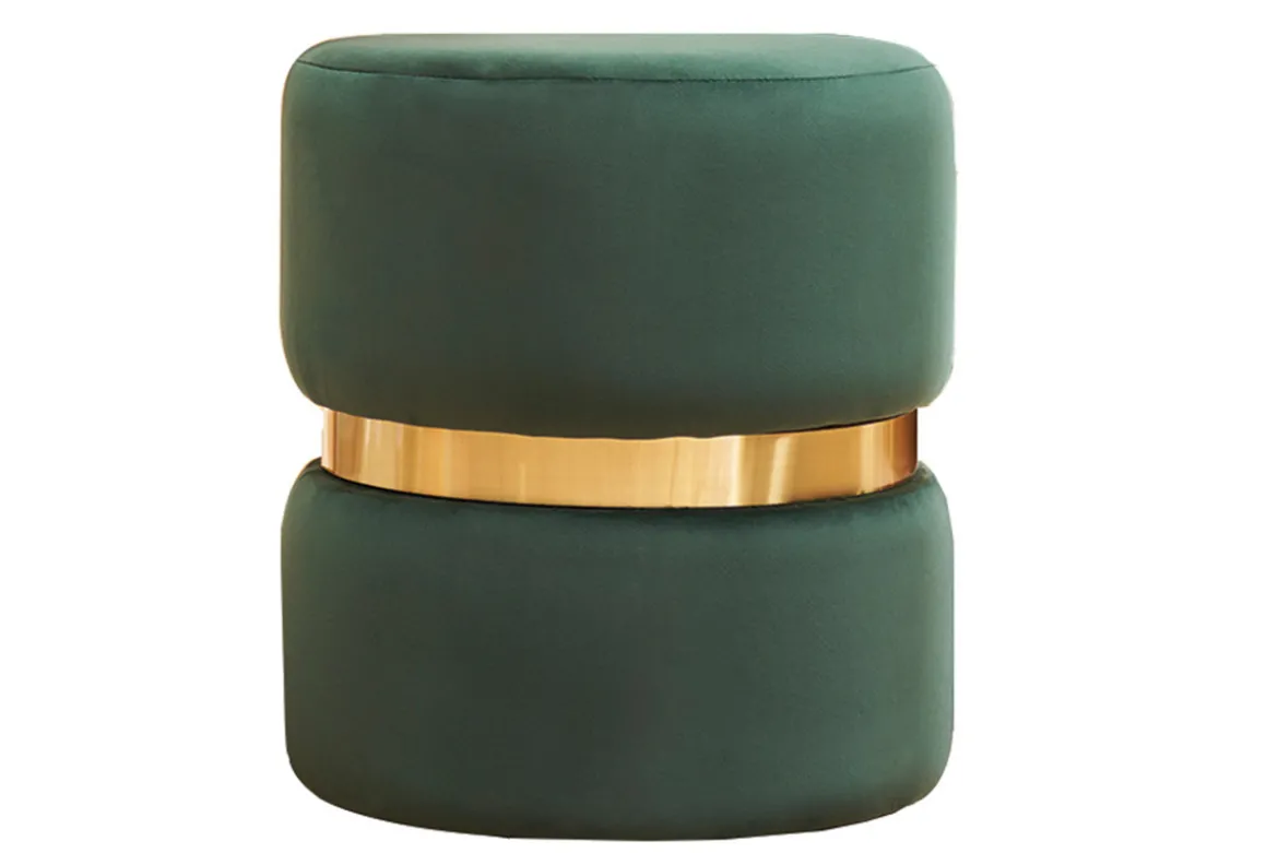 Pouf rond en velours vert foncé et métal doré D40 cm JOY