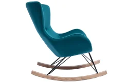 Rocking chair design en tissu velours bleu canard, métal noir et bois clair ESKUA