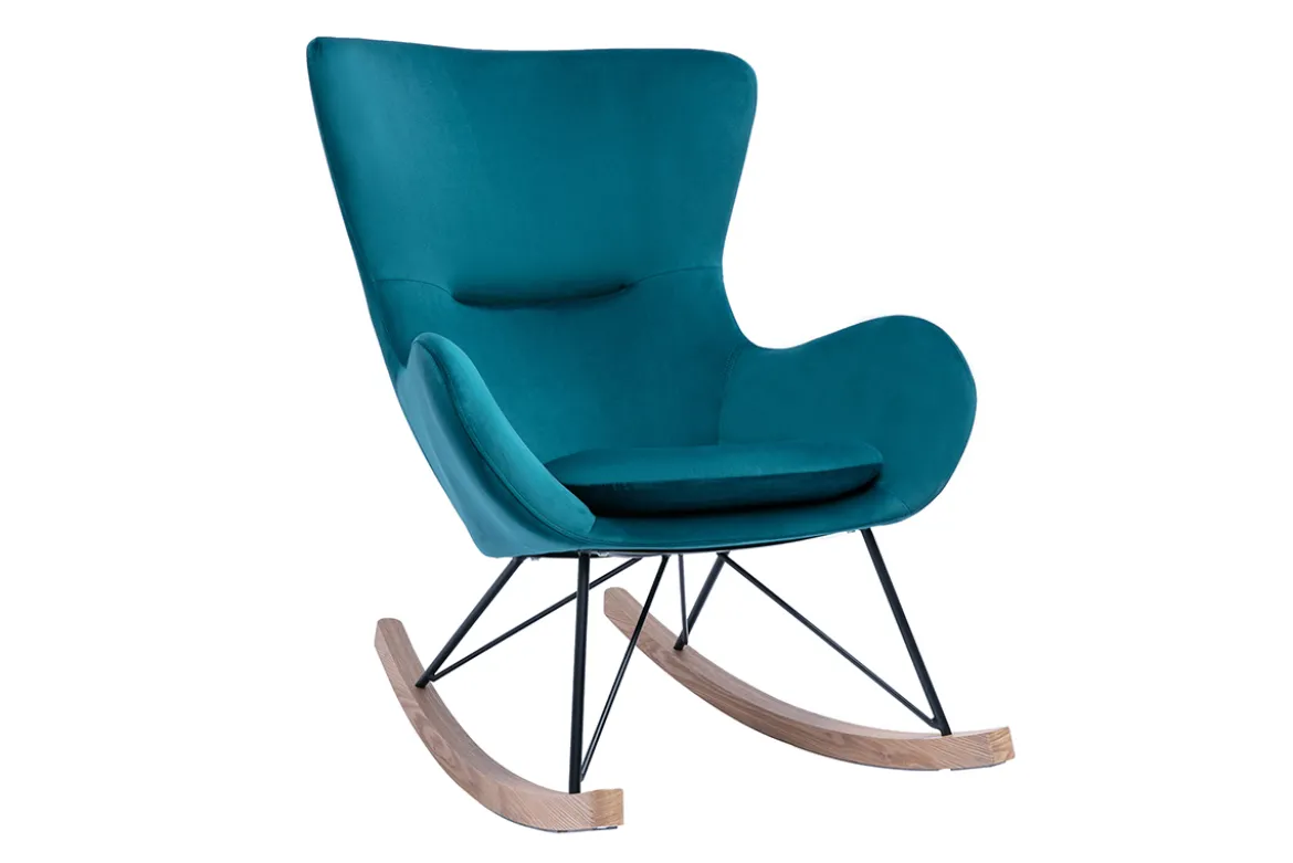 Rocking chair design en tissu velours bleu canard, métal noir et bois clair ESKUA