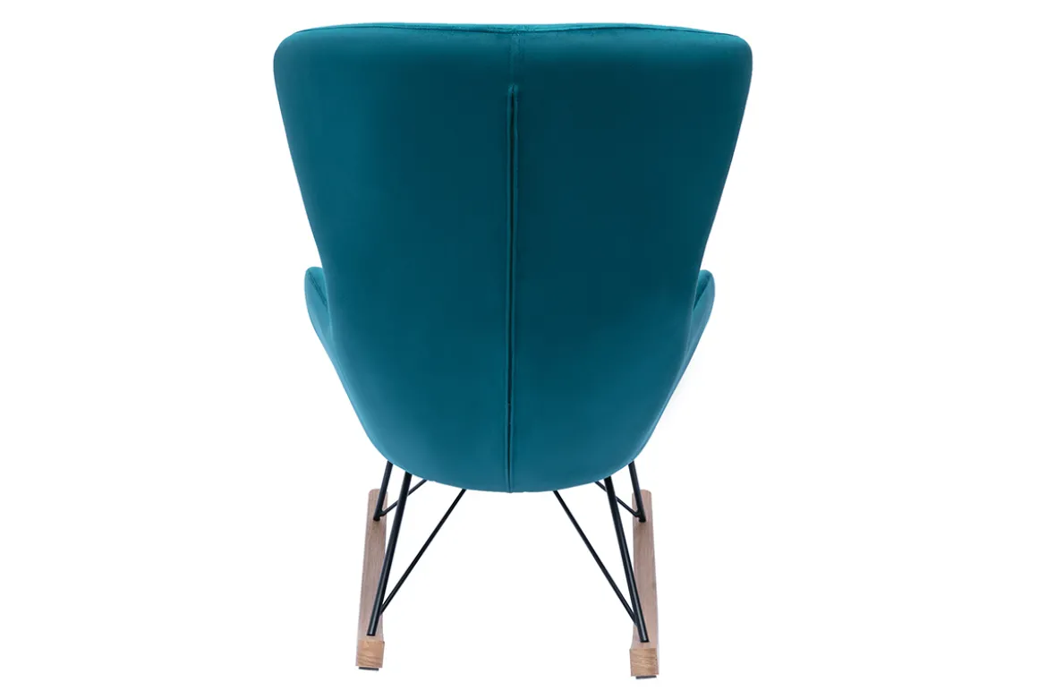 Rocking chair design en tissu velours bleu canard, métal noir et bois clair ESKUA