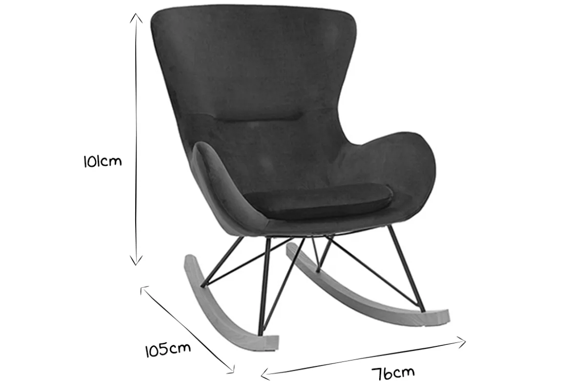 Rocking chair design en tissu velours bleu canard, métal noir et bois clair ESKUA