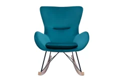 Rocking chair design en tissu velours bleu canard, métal noir et bois clair ESKUA