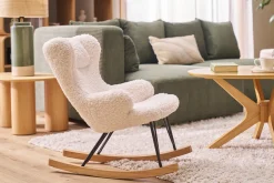 Rocking chair enfant en tissu effet peau de mouton blanc, métal noir et bois clair SHAUN