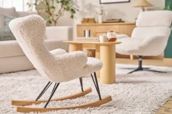Rocking chair enfant en tissu effet peau de mouton blanc, métal noir et bois clair SHAUN