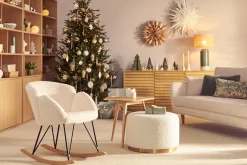 Rocking chair en tissu effet peau de mouton blanc, métal noir et bois clair RHAPSODY
