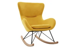 Rocking chair scandinave en tissu effet velours jaune moutarde, métal noir et bois clair ESKUA
