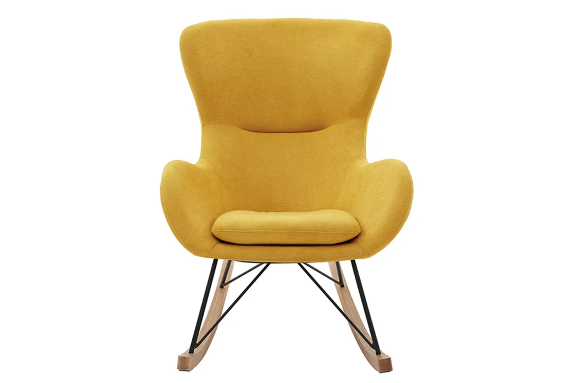 Rocking chair scandinave en tissu effet velours jaune moutarde, métal noir et bois clair ESKUA