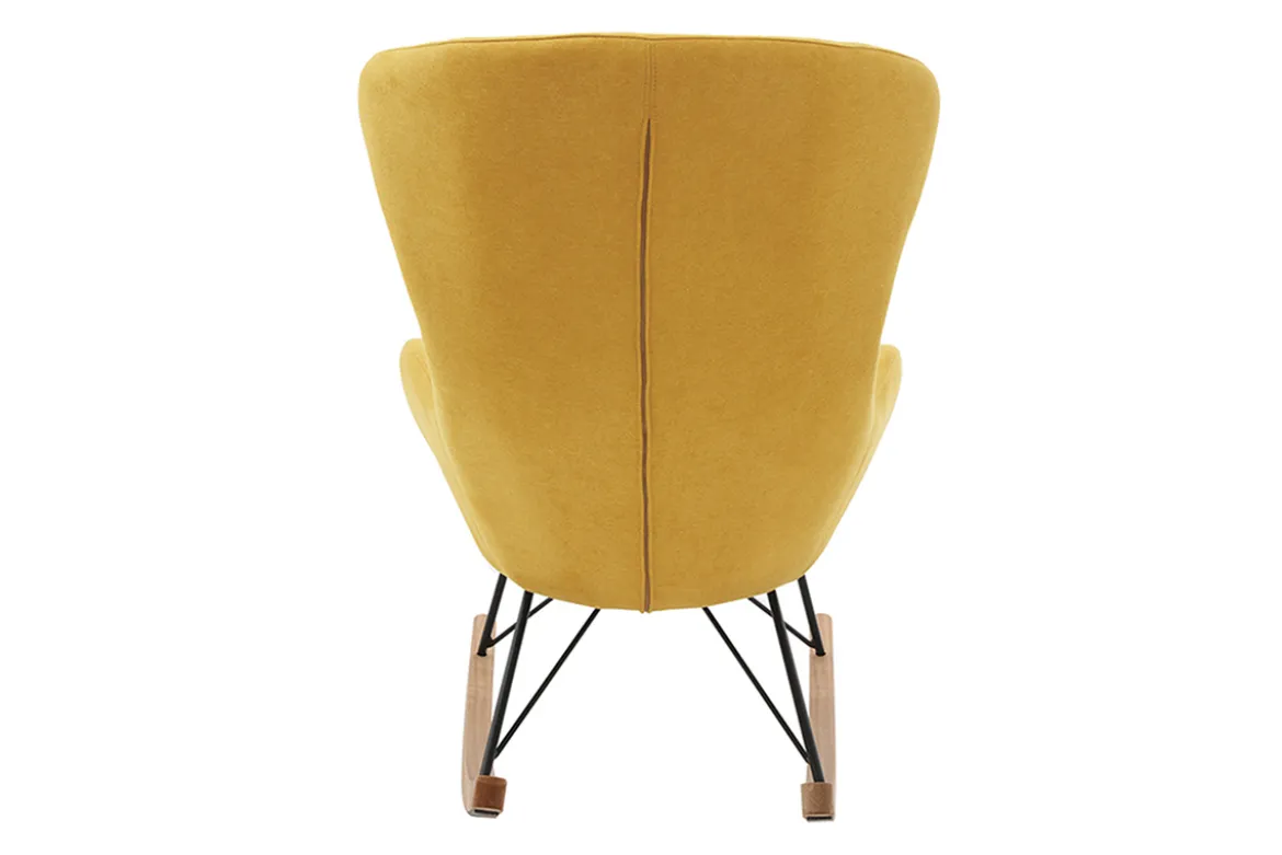 Rocking chair scandinave en tissu effet velours jaune moutarde, métal noir et bois clair ESKUA