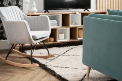 Rocking chair scandinave en tissu bleu canard, métal noir et bois clair ALEYNA