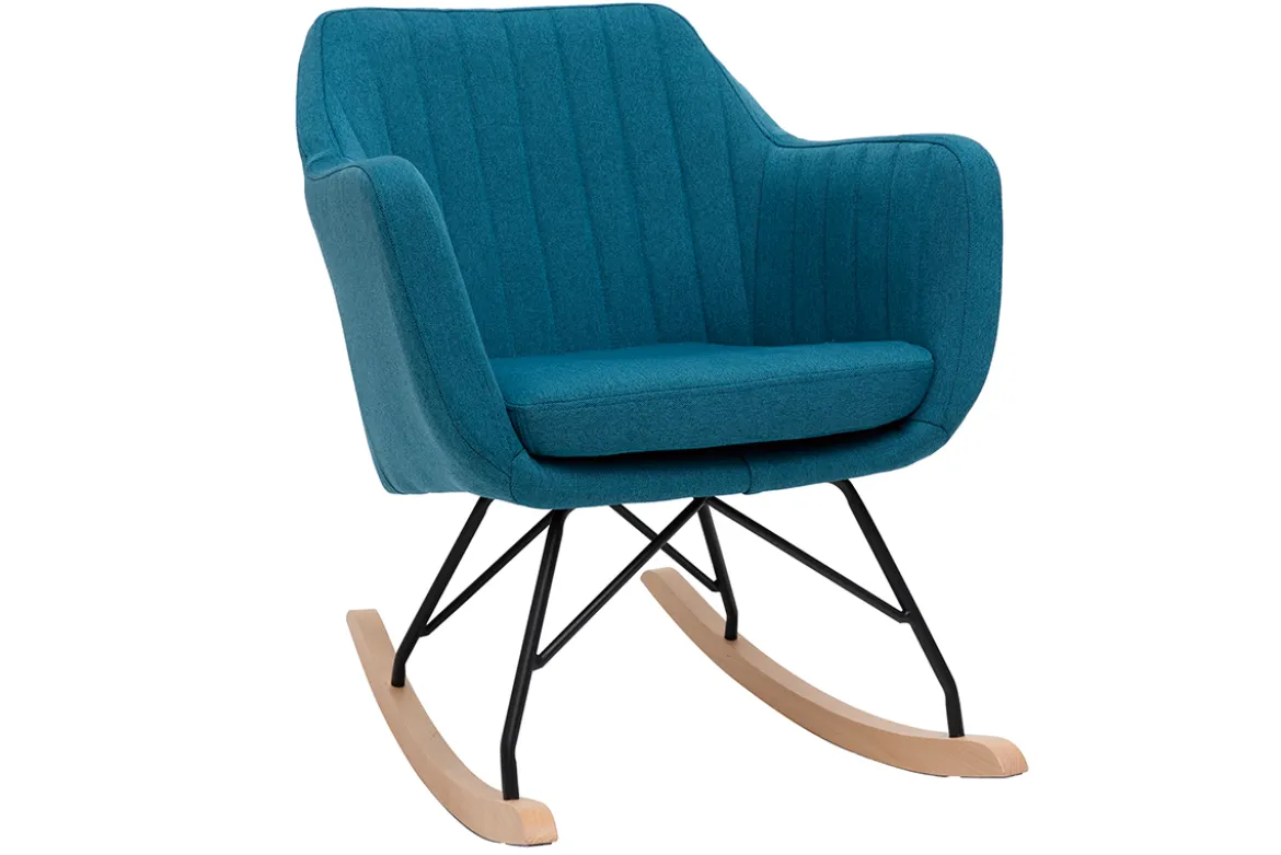 Rocking chair scandinave en tissu bleu canard, métal noir et bois clair ALEYNA