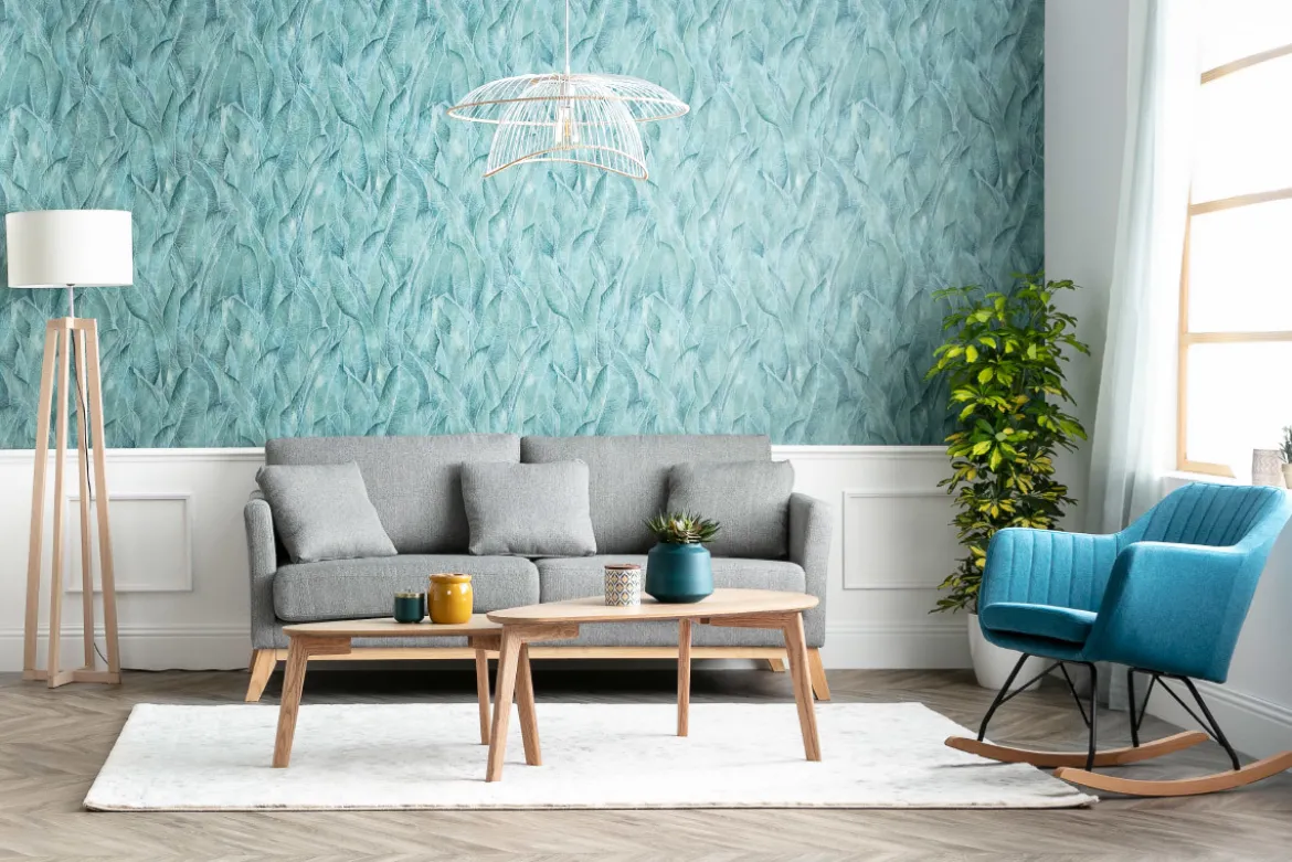 Rocking chair scandinave en tissu bleu canard, métal noir et bois clair ALEYNA