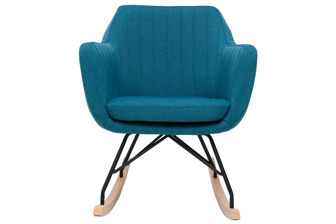 Rocking chair scandinave en tissu bleu canard, métal noir et bois clair ALEYNA