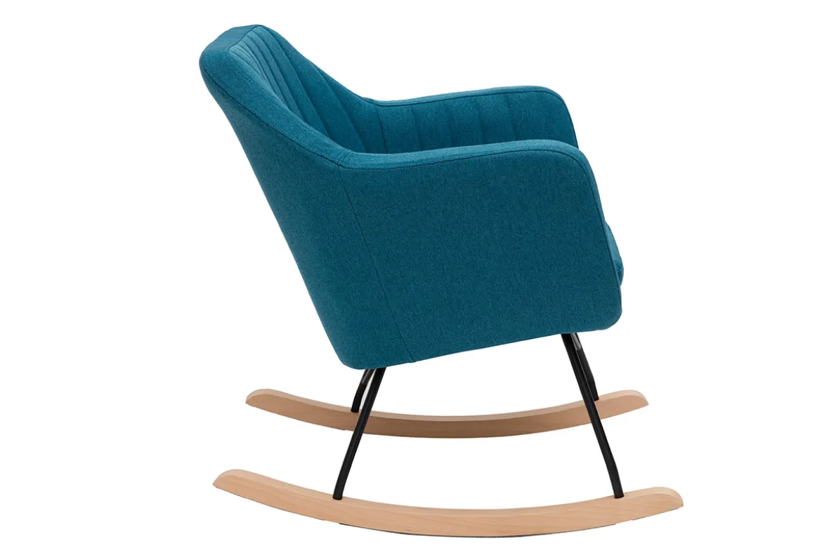 Rocking chair scandinave en tissu bleu canard, métal noir et bois clair ALEYNA