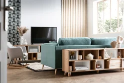 Rocking chair scandinave en tissu bleu canard, métal noir et bois clair ALEYNA