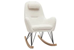 Rocking chair scandinave en tissu effet peau de mouton blanc, métal noir et bois clair MANIA