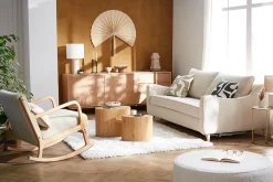 Rocking chair scandinave en tissu effet velours beige et bois clair massif DERRY