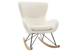 Rocking chair scandinave en tissu effet peau de mouton blanc, métal noir et bois clair ESKUA