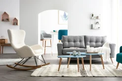 Rocking chair scandinave en tissu effet peau de mouton blanc, métal noir et bois clair ESKUA