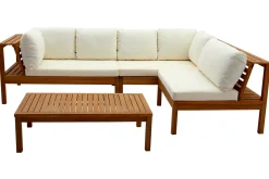 Salon de jardin d'angle 6 places en bois massif avec coussins déhoussables beige naturel BELIZE