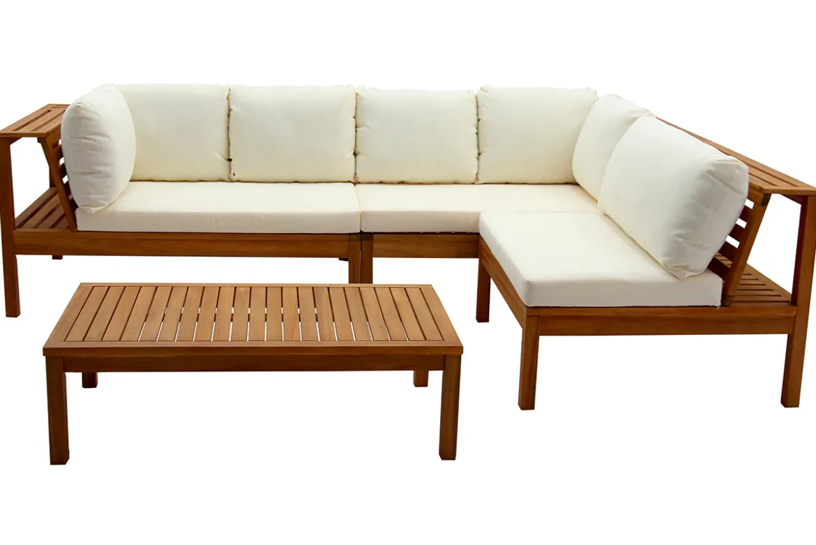 Salon de jardin d'angle 6 places en bois massif avec coussins déhoussables beige naturel BELIZE