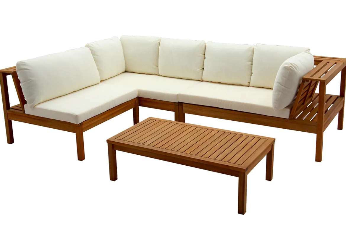 Salon de jardin d'angle 6 places en bois massif avec coussins déhoussables beige naturel BELIZE