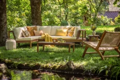 Salon de jardin d'angle 6 places en bois massif avec coussins déhoussables beige naturel BELIZE