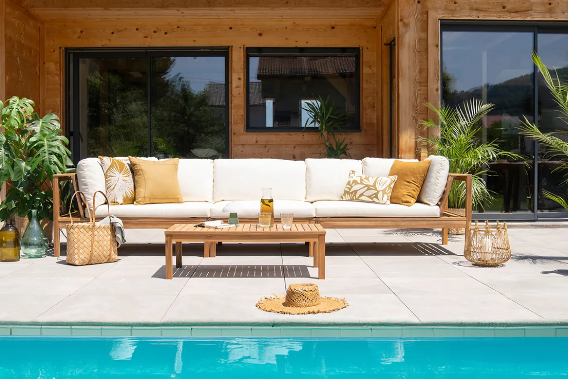 Salon de jardin d'angle 6 places en bois massif avec coussins déhoussables beige naturel BELIZE