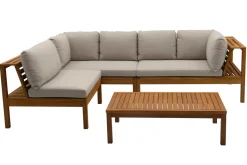 Salon de jardin d'angle 6 places en bois massif avec coussins déhoussables taupe BELIZE