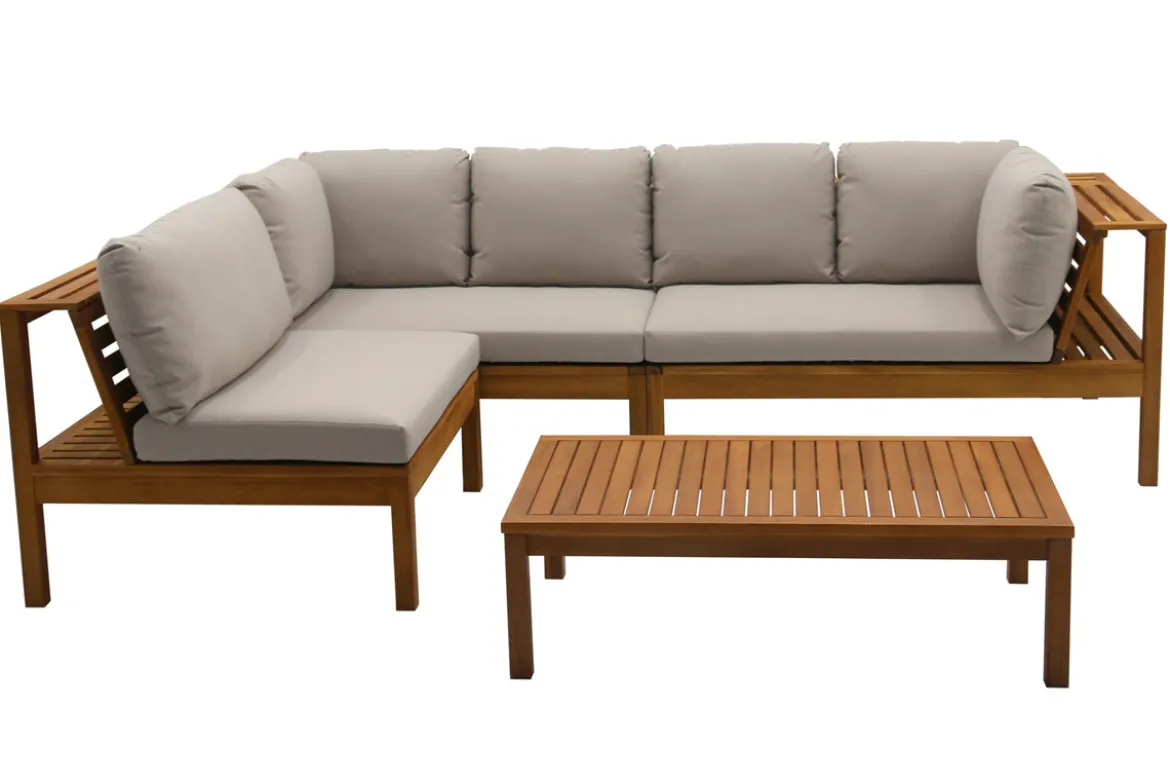 Salon de jardin d'angle 6 places en bois massif avec coussins déhoussables taupe BELIZE