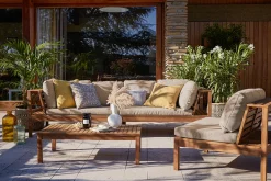 Salon de jardin d'angle 6 places en bois massif avec coussins déhoussables taupe BELIZE
