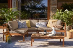 Salon de jardin d'angle 6 places en bois massif avec coussins déhoussables taupe BELIZE