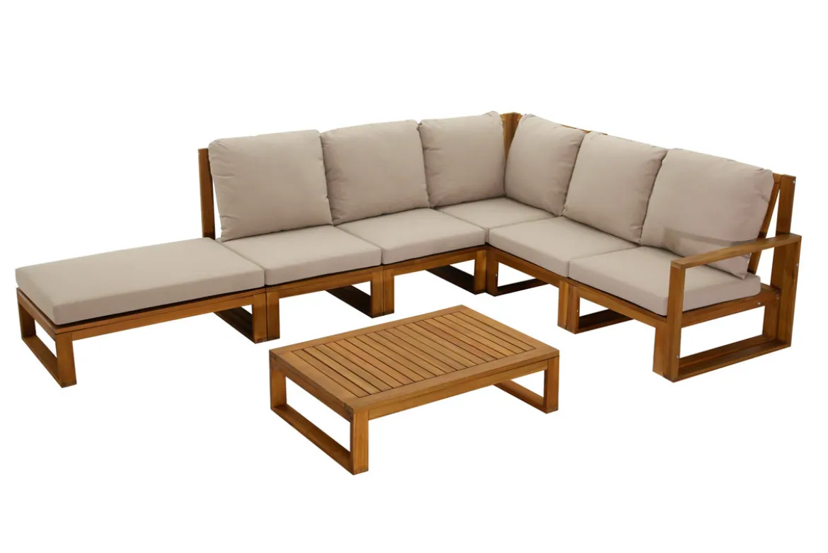 Salon de jardin d'angle 6-8 places en bois massif avec coussins déhoussables taupe SALSA